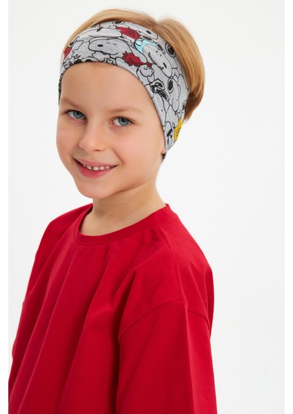 Gri Desenli-Kırmızı Erkek Çocuk Pamuklu Penye Oversize Kırmızı T-Shirt Gri Bandana 2'li Takım