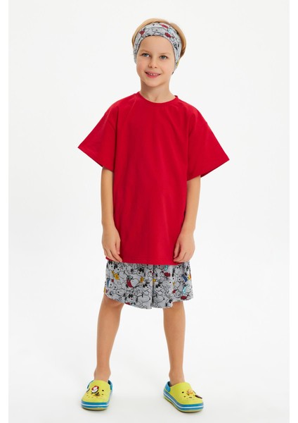 Gri Desenli-Kırmızı Erkek Çocuk Pamuklu Penye Oversize Kırmızı T-Shirt Gri Bandana 2'li Takım indirimleri