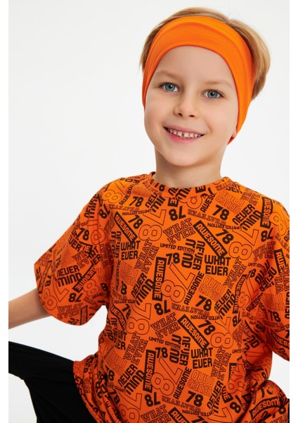 Turuncu-Turuncu Erkek Çocuk Pamuklu Oversize Turuncu T-Shirt Turuncu Bandana 2'li Takım modelleri