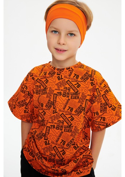 Turuncu-Turuncu Erkek Çocuk Pamuklu Oversize Turuncu T-Shirt Turuncu Bandana 2'li Takım indirimleri