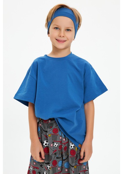 Mavi-Mavi Erkek Çocuk Pamuklu Penye Oversize Mavi T-Shirt Mavi Bandana İkili Takım Trend Seri 1