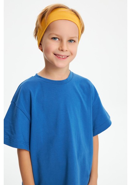 Hardal-Mavi Erkek Çocuk Pamuklu Penye Oversize Mavi T-Shirt Hardal Bandana İkili Takım