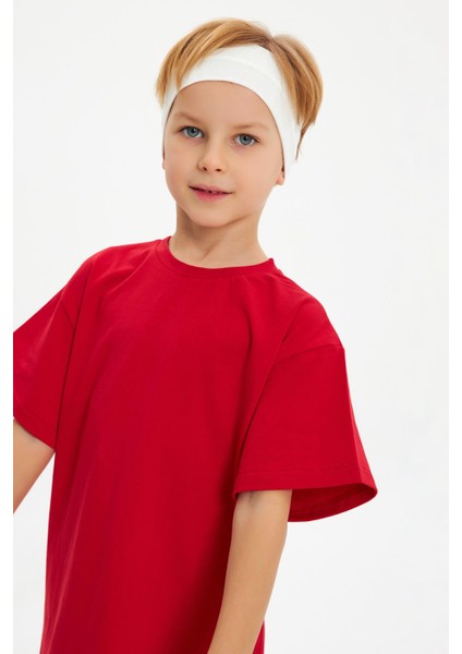 Kırmızı-Beyaz Erkek Çocuk Pamuklu Penye Oversize Kırmızı T-Shirt Beyaz Bandana 2'li Takım