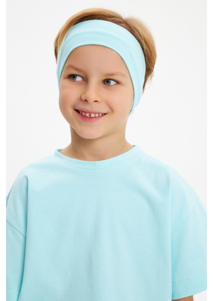 Buz Mavi-Buz Mavi Erkek Çocuk Pamuklu Penye Oversize Buz Mavi T-Shirt Bandana İkili Takım