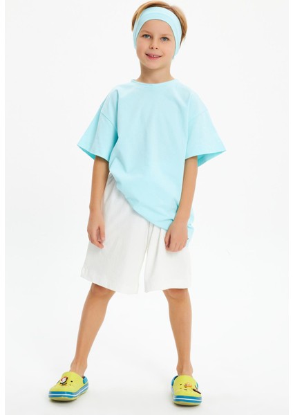 Buz Mavi-Buz Mavi Erkek Çocuk Pamuklu Penye Oversize Buz Mavi T-Shirt Bandana İkili Takım modelleri