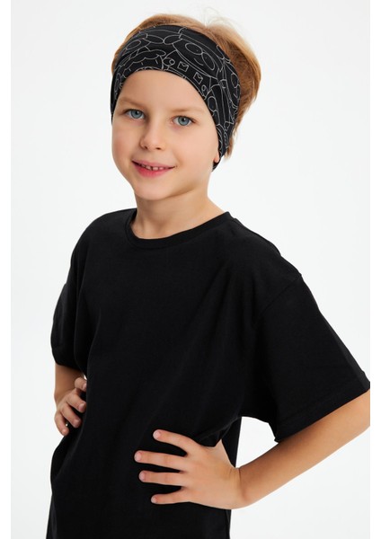 Siyah Desenli-Siyah Erkek Çocuk Pamuklu Penye Oversize Kamuflaj T-Shirt Bandana İkili Takım