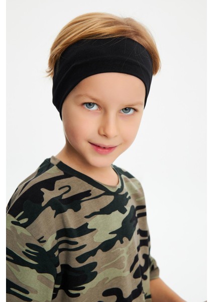 Siyah-Kamuflaj Erkek Çocuk Pamuklu Penye Oversize Kamuflaj T-Shirt Bandana İkili Takım