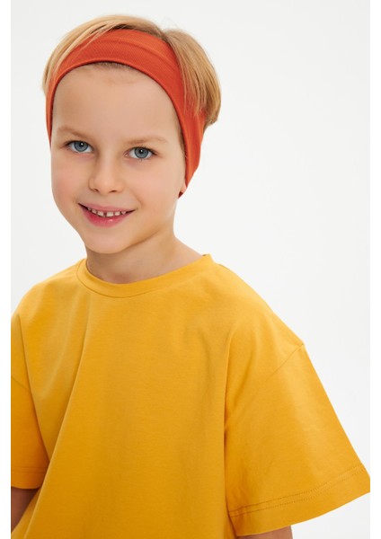 Kiremit-Hardal Erkek Çocuk Pamuklu Penye Oversize Gri T-Shirt Lacivert Bandana 2'li Takım