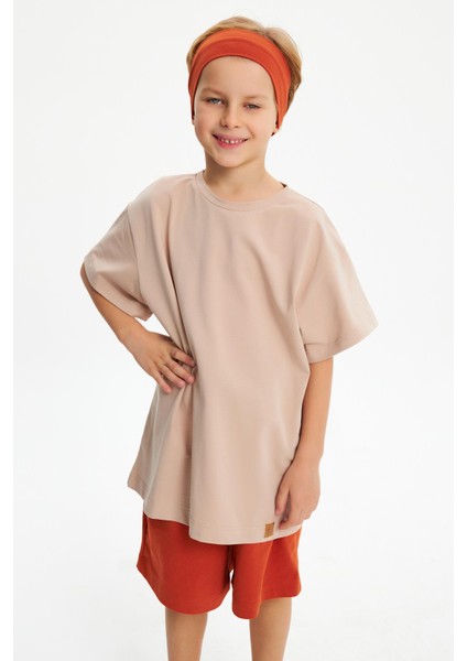 Kiremit-S.kahve Erkek Çocuk Pamuklu Penye Oversize Gri T-Shirt Lacivert Bandana 2'li Takım indirimleri