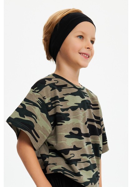 Siyah-Kamuflaj Erkek Çocuk Pamuklu Penye Oversize Kamuflaj T-Shirt Bandana İkili Takım fiyatları