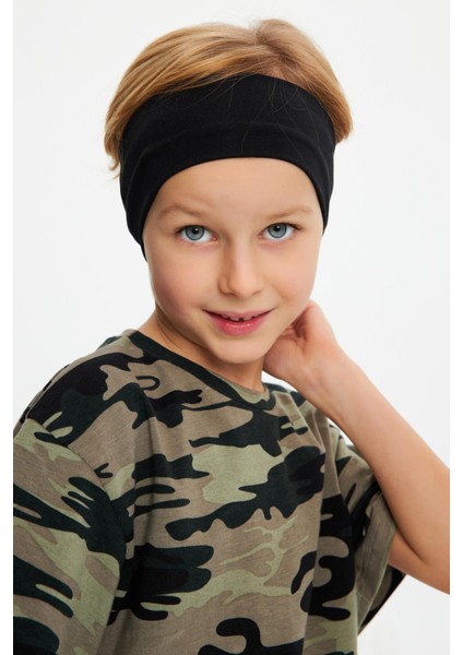 Siyah-Kamuflaj Erkek Çocuk Pamuklu Penye Oversize Kamuflaj T-Shirt Bandana İkili Takım fırsatları