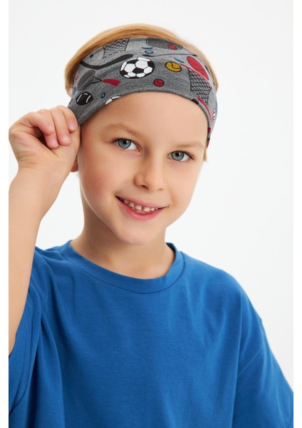 Füme Desenli-Mavi Erkek Çocuk Pamuklu Penye Oversize Mavi T-Shirt Füme Bandana 2'li Takım