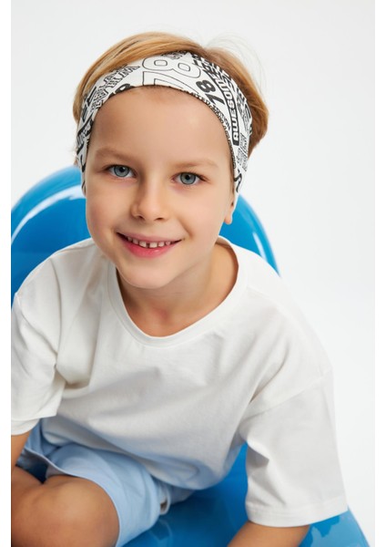 Beyaz Desenli-Beyaz Erkek Çocuk Pamuklu Penye Oversize Beyaz T-Shirt Bandana 2'li Takım fırsatları