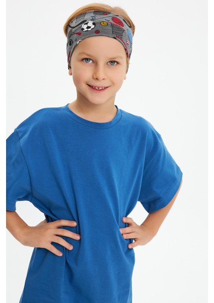 Füme Desenli-Mavi Erkek Çocuk Pamuklu Penye Oversize Mavi T-Shirt Füme Bandana 2'li Takım modelleri