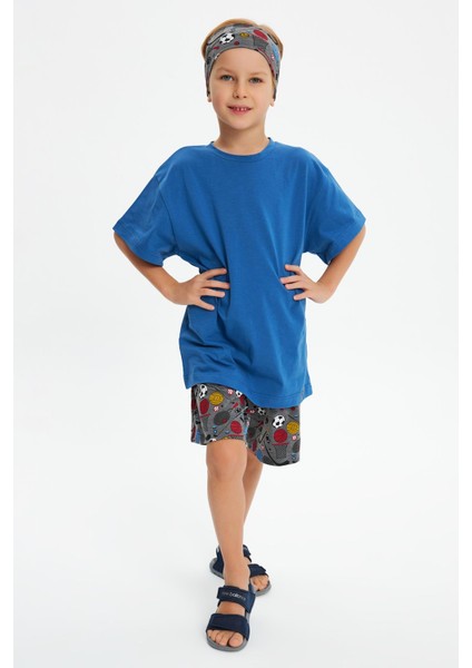Füme Desenli-Mavi Erkek Çocuk Pamuklu Penye Oversize Mavi T-Shirt Füme Bandana 2'li Takım fırsatları