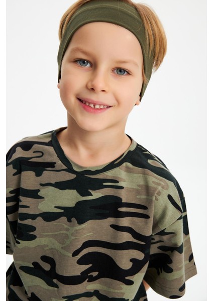 Haki-Kamuflaj Erkek Çocuk Pamuklu Penye Oversize Kamuflaj T-Shirt Bandana İkili Takım