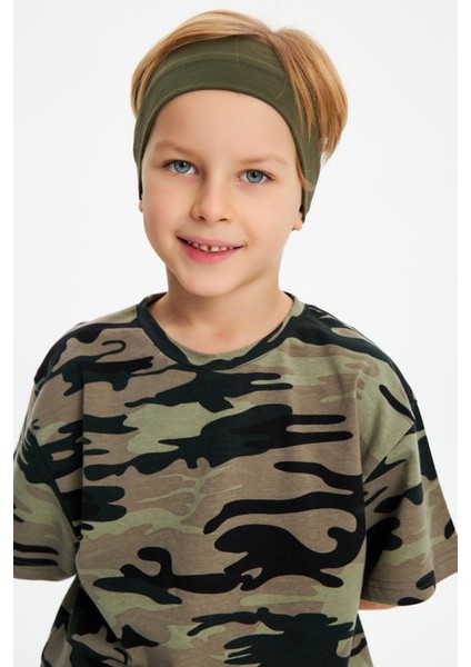 Haki-Kamuflaj Erkek Çocuk Pamuklu Penye Oversize Kamuflaj T-Shirt Bandana İkili Takım fiyatları