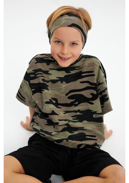 Kamuflaj-Kamuflaj Erkek Çocuk Pamuklu Penye Oversize Kamuflaj T-Shirt Bandana İkili Takım