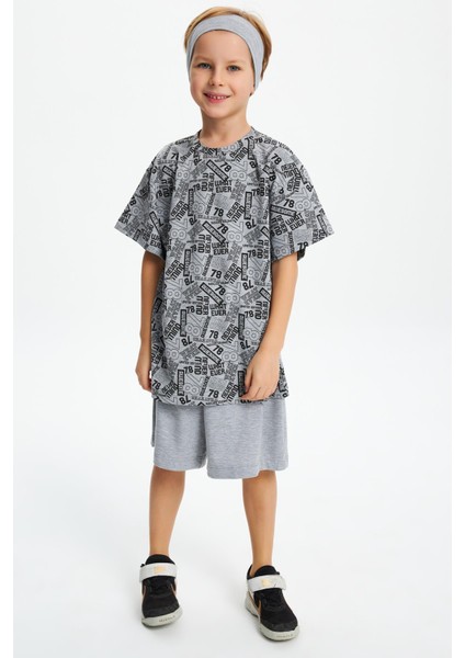 Gri Erkek Çocuk Pamuklu Penye Oversize Gri T-Shirt Bandana 2'li Takım indirimleri