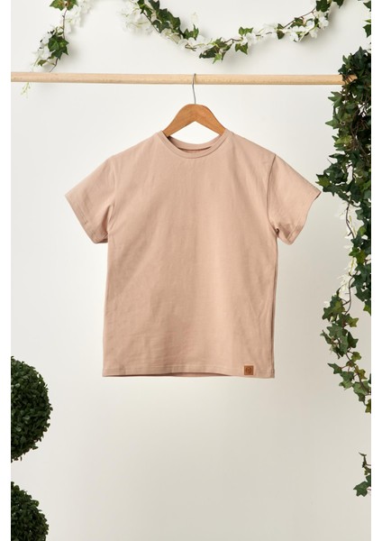 Açık Kahve Kız Çocuk Kısa Kollu Bisiklet Yaka Terletmez, Rahat Pamuklu Penye T-Shirt
