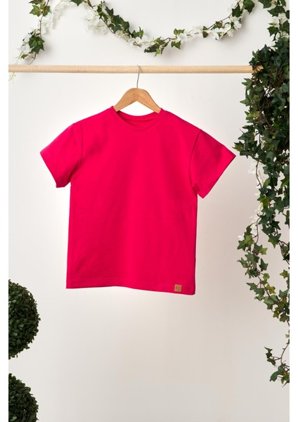 Fuşya Kız Çocuk Kısa Kollu Bisiklet Yaka Terletmez, Rahat Pamuklu Penye T-Shirt