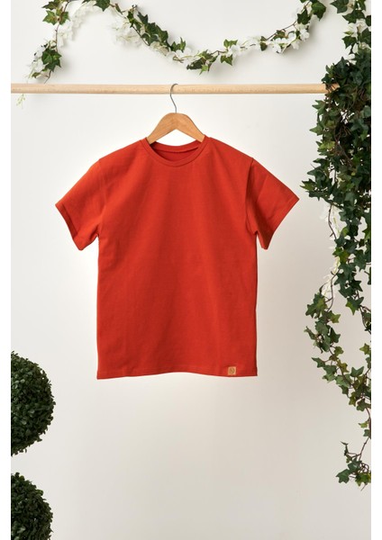 Kiremit Kız Çocuk Kısa Kollu Bisiklet Yaka Terletmez, Rahat Pamuklu Penye T-Shirt