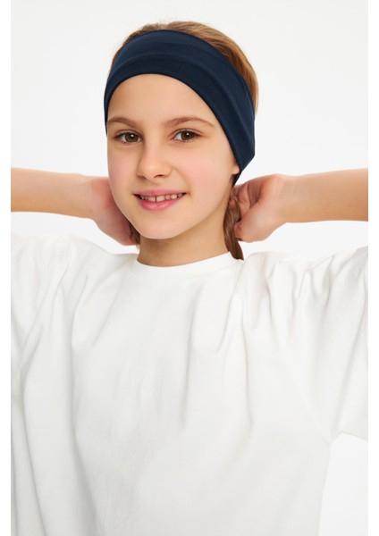Lacivert-Beyaz Kız Pamuklu Penye T-Shirt Bandana 2^li Takım -Spor Rahat Best Of Koleksiyon 3 fırsatları