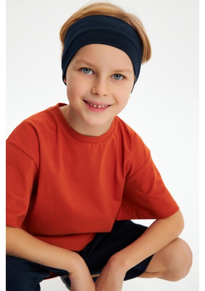 Lacivert-Kiremit Erkek Çocuk Pamuklu Penye Oversize Gri T-Shirt Lacivert Bandana 2'li Takım