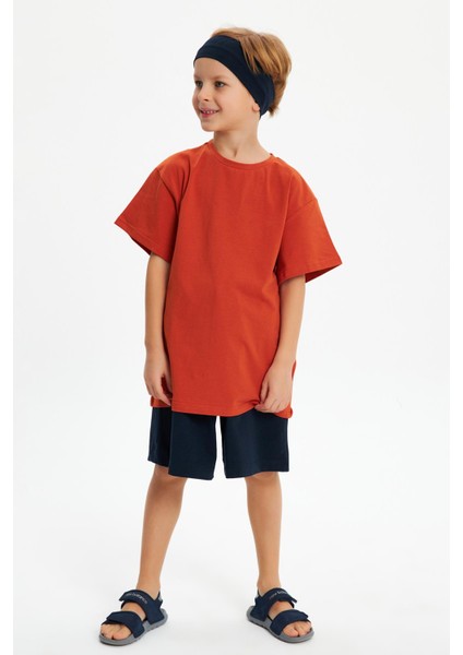 Lacivert-Kiremit Erkek Çocuk Pamuklu Penye Oversize Gri T-Shirt Lacivert Bandana 2'li Takım indirimleri