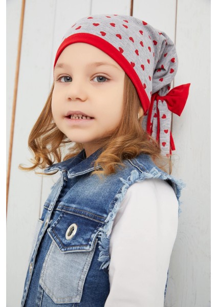 Kız Çocuk Gri Kalp Desenli Şapka Bere Yumuşak Çift Katlı Pamuklu Penye