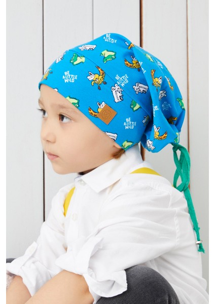 Erkek Çocuk Mavi Desenli İp 4 Mevsim Şapka Bere Buff Yumuşak Penye