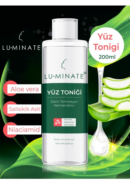 Yüz Tonik Salisilik Asit Aha+Bha Aloe Vera Aydınlatıcı Yüz Temizleme Toniği 200 ml