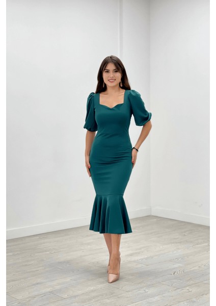 Krep Kumaş Eteği Volanlı Kalem Abiye Elbise - Zümrüt Yeşil fiyatları