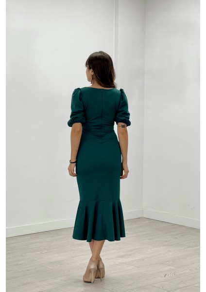 Krep Kumaş Eteği Volanlı Kalem Abiye Elbise - Zümrüt Yeşil indirimleri