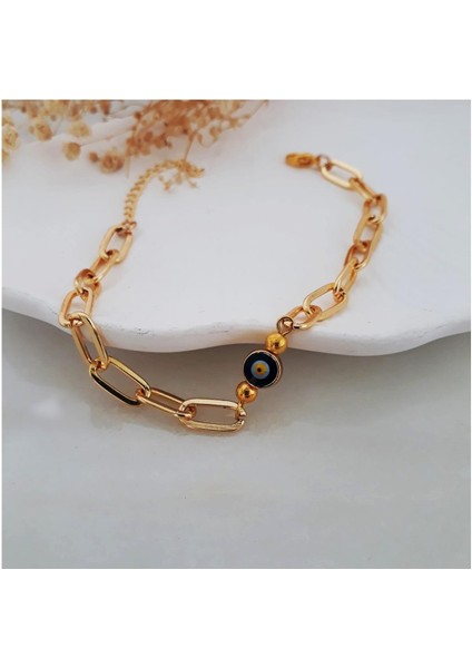 Altın Kaplama Zincir & Nazar Boncuklu Kadın Bileklik& Halhal