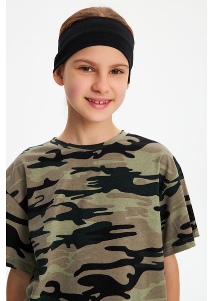 Siyah-Kamuflaj Kız %100 Pamuklu Penye T-Shirt Bandana 2^li Takım -Spor Rahat Best Of Koleksiyon 5