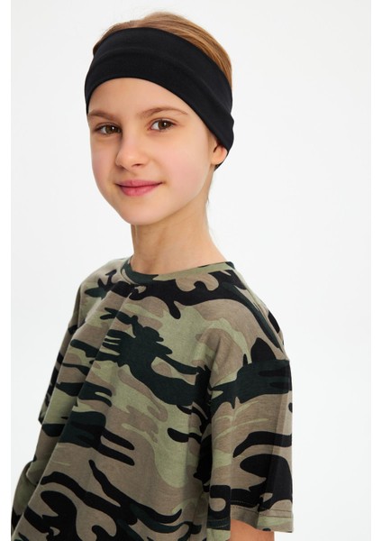 Siyah-Kamuflaj Kız %100 Pamuklu Penye T-Shirt Bandana 2^li Takım -Spor Rahat Best Of Koleksiyon 5 modelleri
