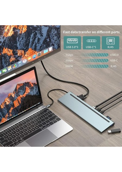 12IN1 Usb-C Hub Thunderbolt-3 Çoklu Bağlantı Noktası Adaptörü : Bilgisayar,telefon,tablet,laptop ile Uyumludur.