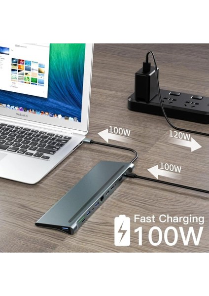 12IN1 Usb-C Hub Thunderbolt-3 Çoklu Bağlantı Noktası Adaptörü : Bilgisayar,telefon,tablet,laptop ile Uyumludur.