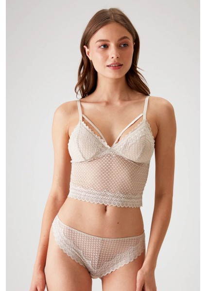 4831 Kadın Pedli Balensiz Dantelli Bralet Sütyen Külot Takım-Taş