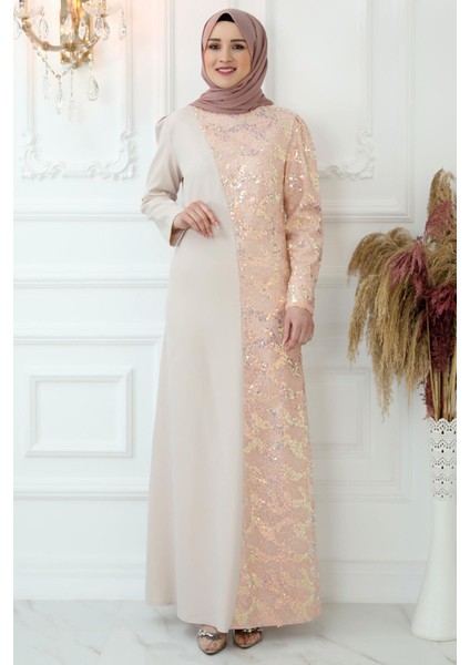Pul Payetli Abiye Elbise Pudra ISR856
