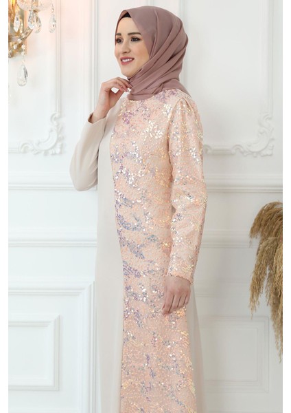 Pul Payetli Abiye Elbise Pudra ISR856