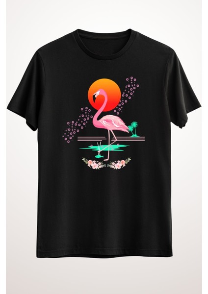 Zoka Wear Unisex Siyah Tişört Japan Inspired Flamingo Sakura Cherry Blossoms