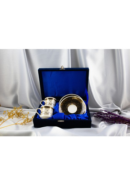 2'li Altın Yaldızlı Porselen Fincan Takımı Kadife Kutulu
