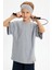 Gri-Lacivert Erkek Çocuk Pamuklu Penye Oversize Gri T-Shirt Gri Bandana 2'li Takım 1