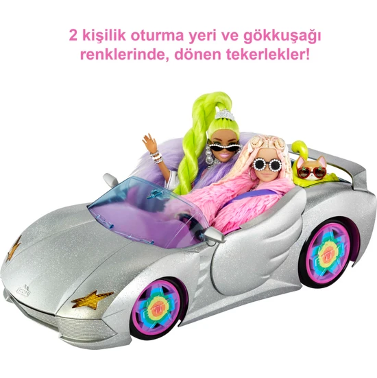Barbie Extra Araba, ışıltılı gümüş rengi iki kişilik araba, yavru köpek ve evcil hayvan havuzu, 1 üst giyim ve 2 çift ayakkabı, 3 yaş ve üzeri HDJ47