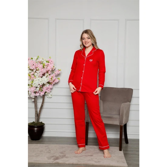 Alimer Kadın Kırmızı Beyaz Biyeli Gömlek Yaka Önden Düğmeli Cepli Uzun Kol Mevsimlik Pamuk Pijama Takım