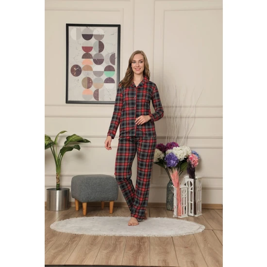 Alimer Kadın Bordo Ekose Desen Önden Düğmeli Gömlek Yaka Uzun Kol Pamuk Mevsimlik Pijama Takımı