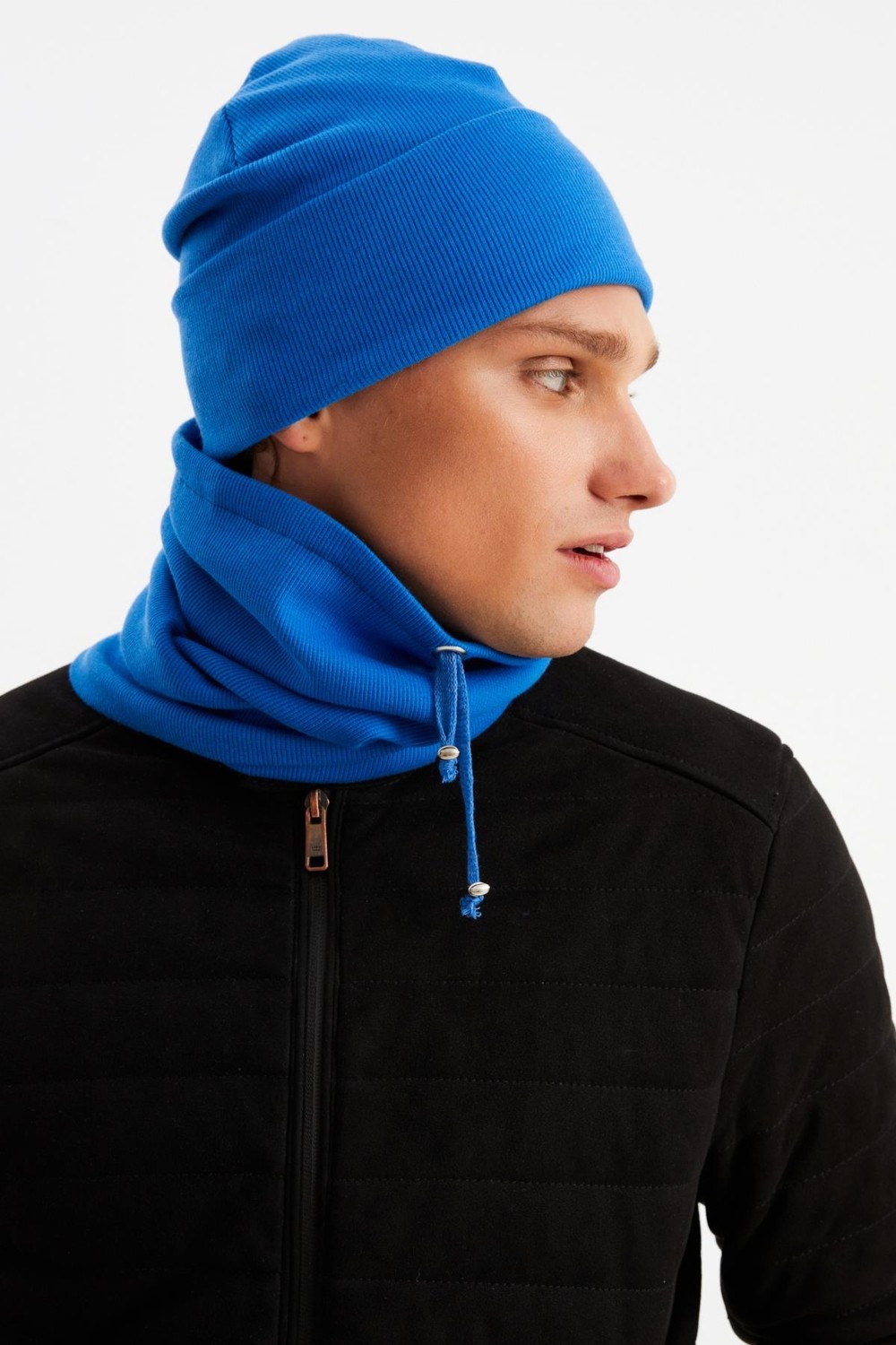 Butikgiz Mavi Erkek Balıkçı Style Pamuklu Kaşkorse Terletmez Ultra Hafif Yumuşak Bere Boyunluk Takım görsel 3