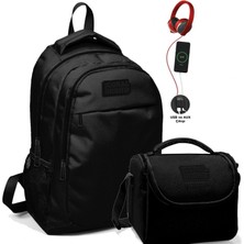 Coral High Okul ve Beslenme Çantası Seti - Erkek Çocuk Siyah - USB Soketli